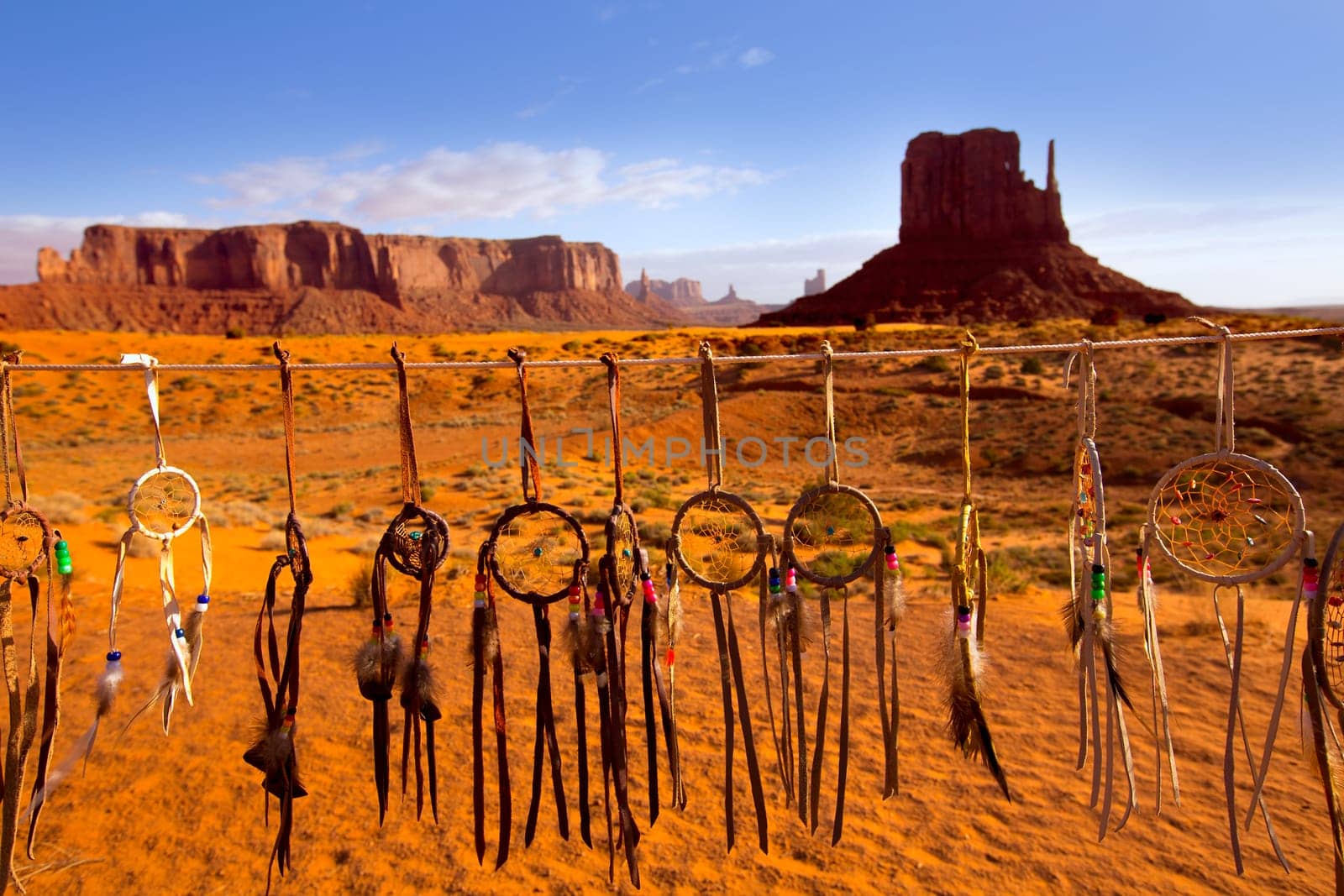Dreamcatcher Monument West Mitten Butte morning with navajo indian crafts Utah