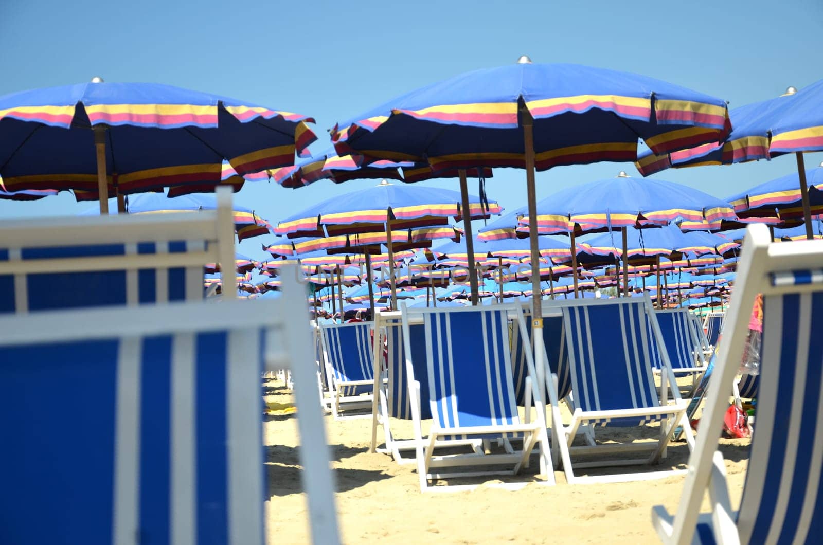 Colorful beach umbrellas and chairs on beautiful beach in Marina di Pisa, Tuscany in Italy