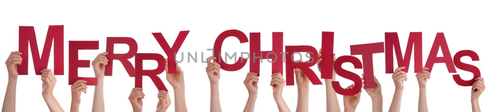 Many Hands Holding Merry Christmas, on White