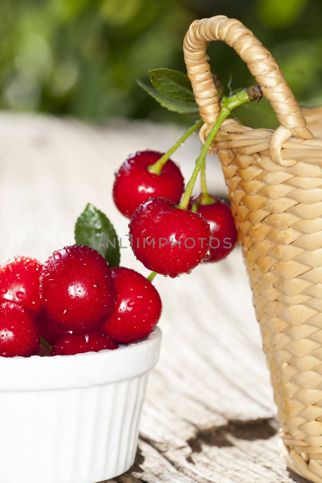 Cherries in shell and hanging on the basket