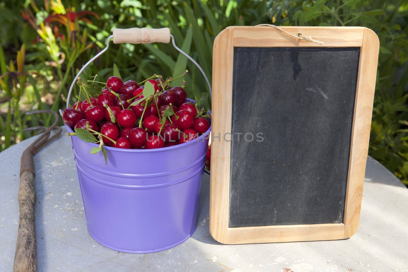 Tin bucket with cherries and a blank writable slate