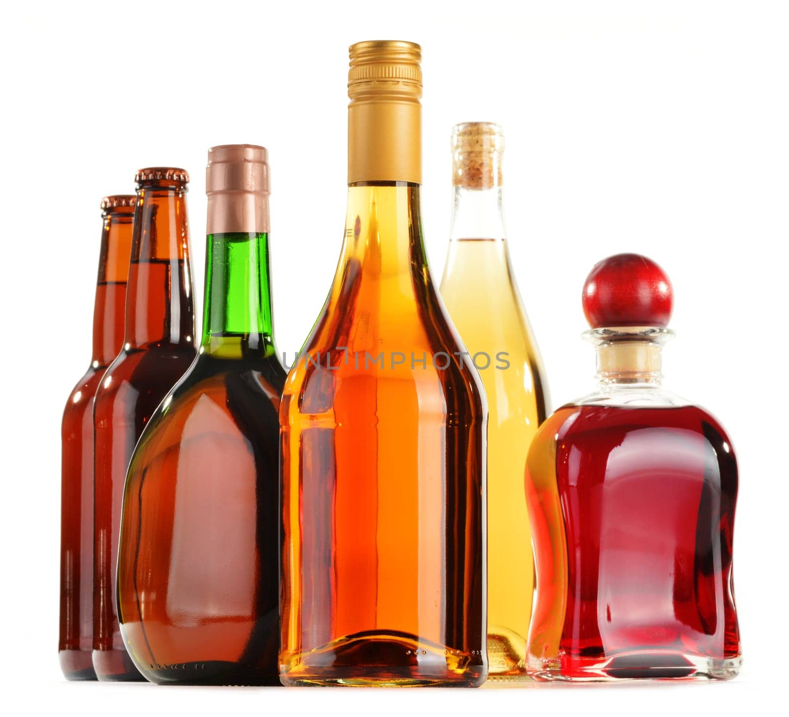 Assorted alcoholic beverages isolated on white background