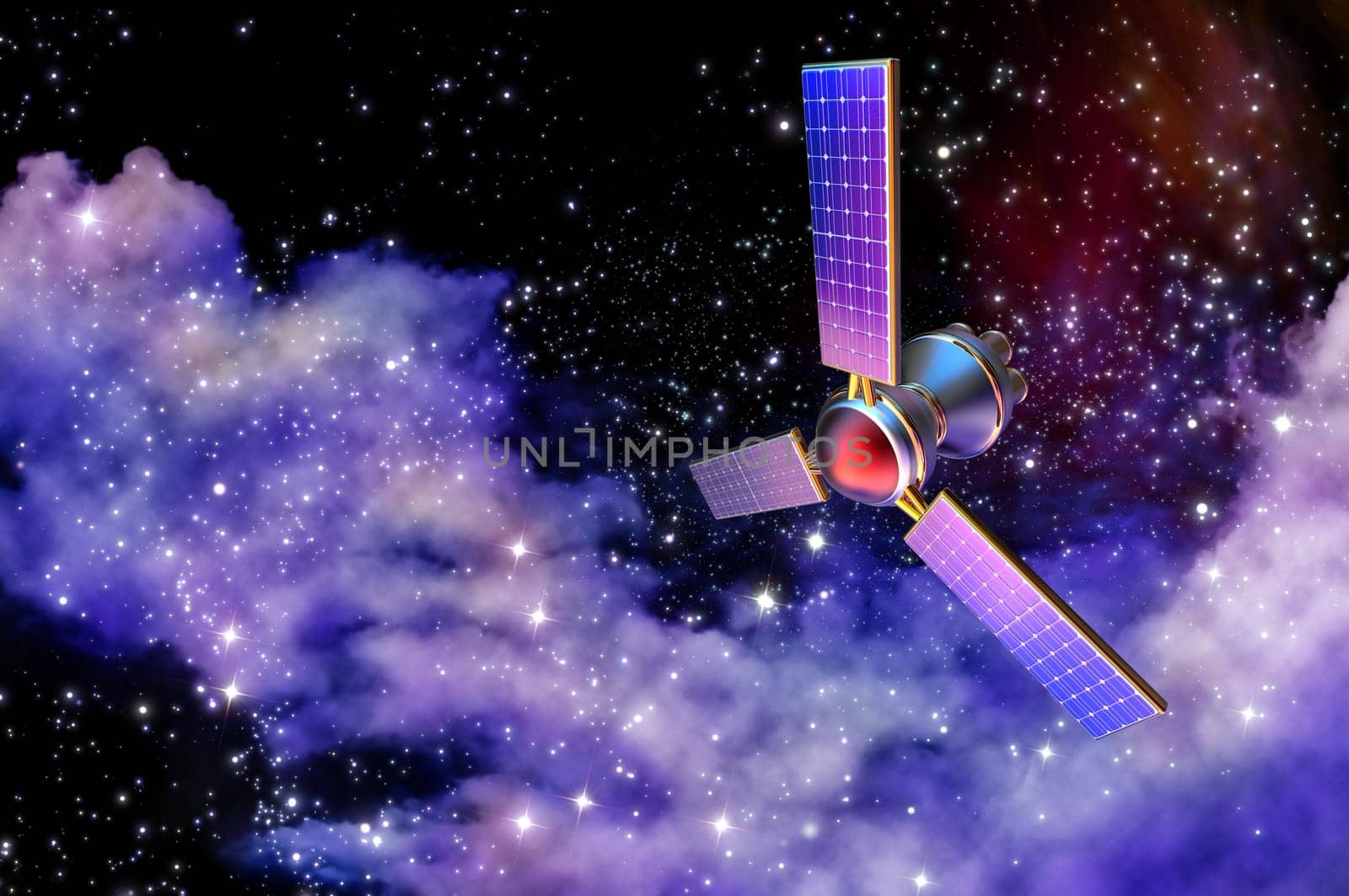 3D model of an artificial satellite of the Earth, equipped solar panels and parabolic satellite communications antenna