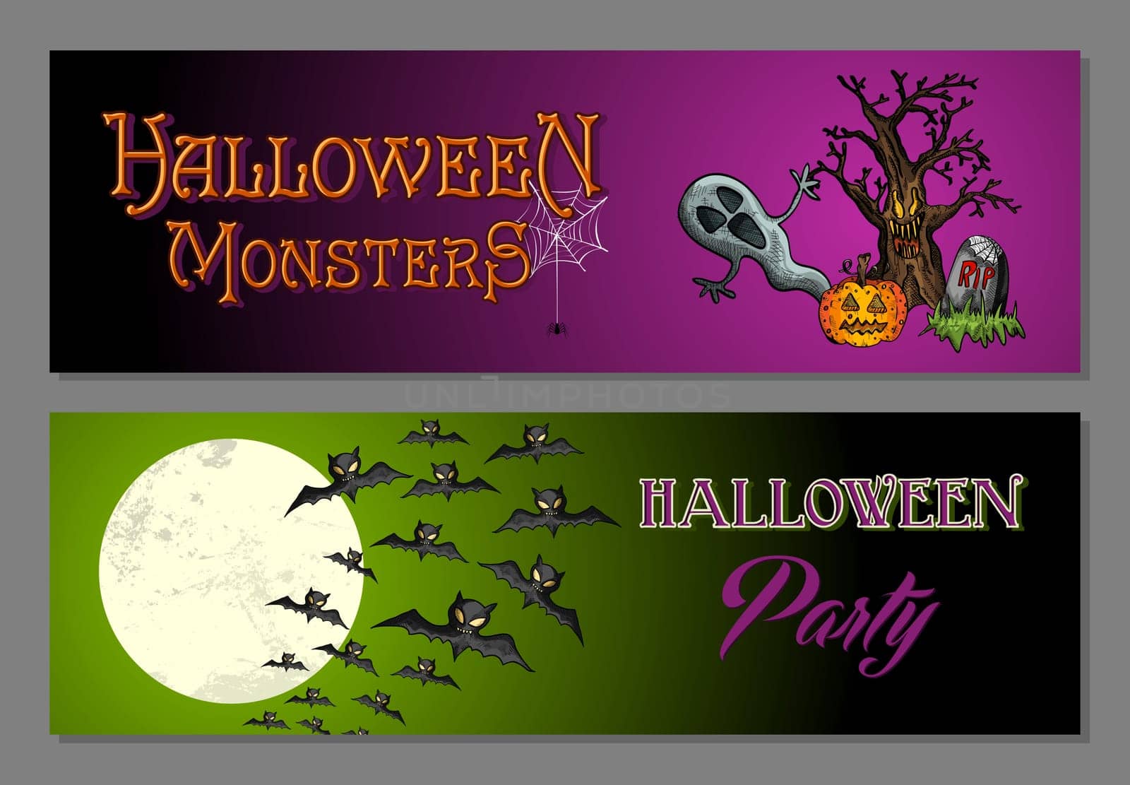 Colorful Halloween monsters happy party web banners set. EPS10 Vector file organized in layers for easy editing.