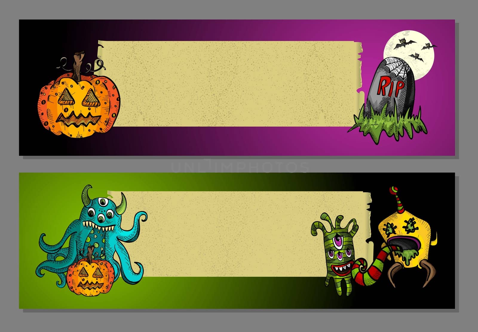 Halloween monsters and typical elements blank space web banners set. EPS10 Vector file organized in layers for easy editing.