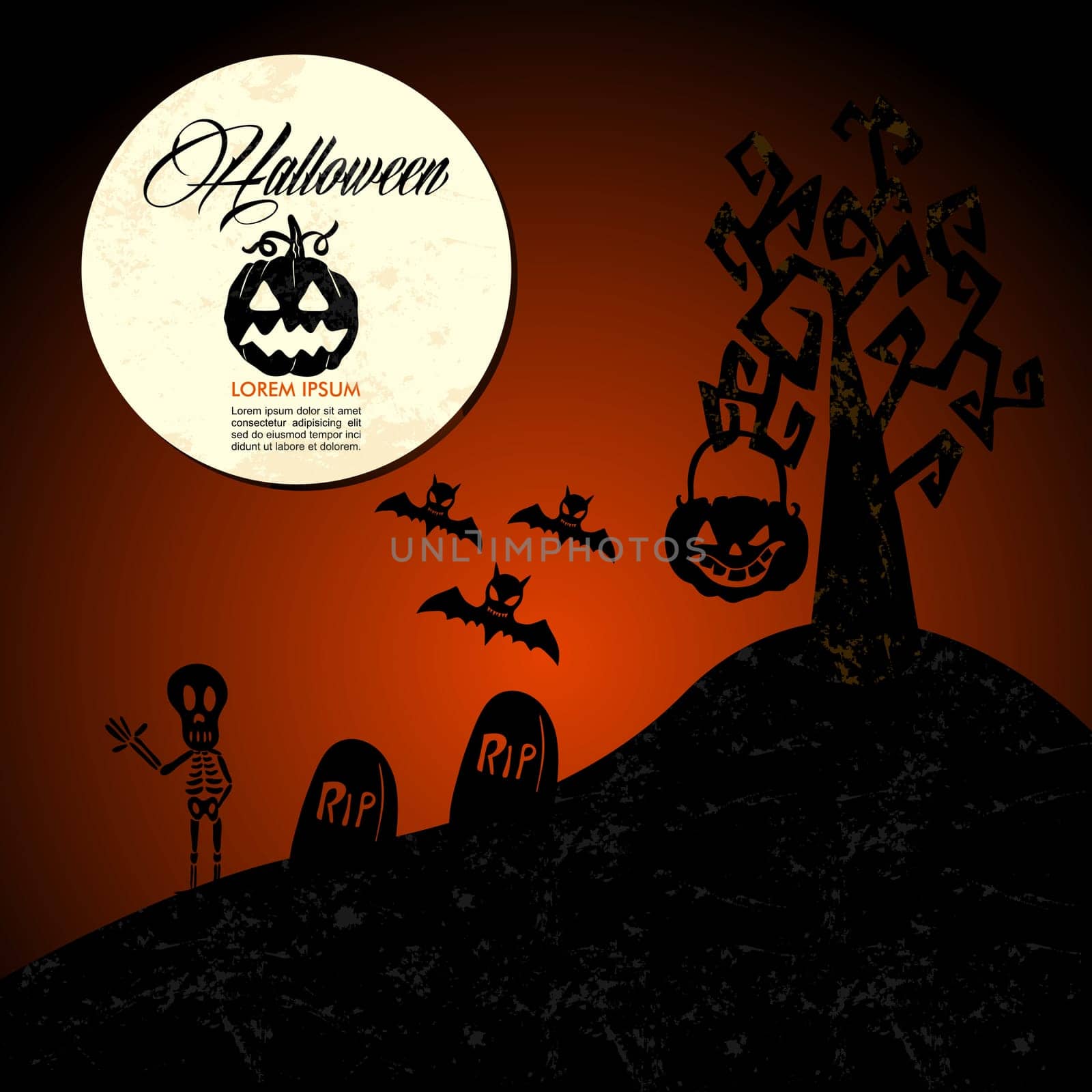 Halloween full moon pumpkin spooky cemetery, customizable text. EPS10 Vector file organized in layers for easy editing.