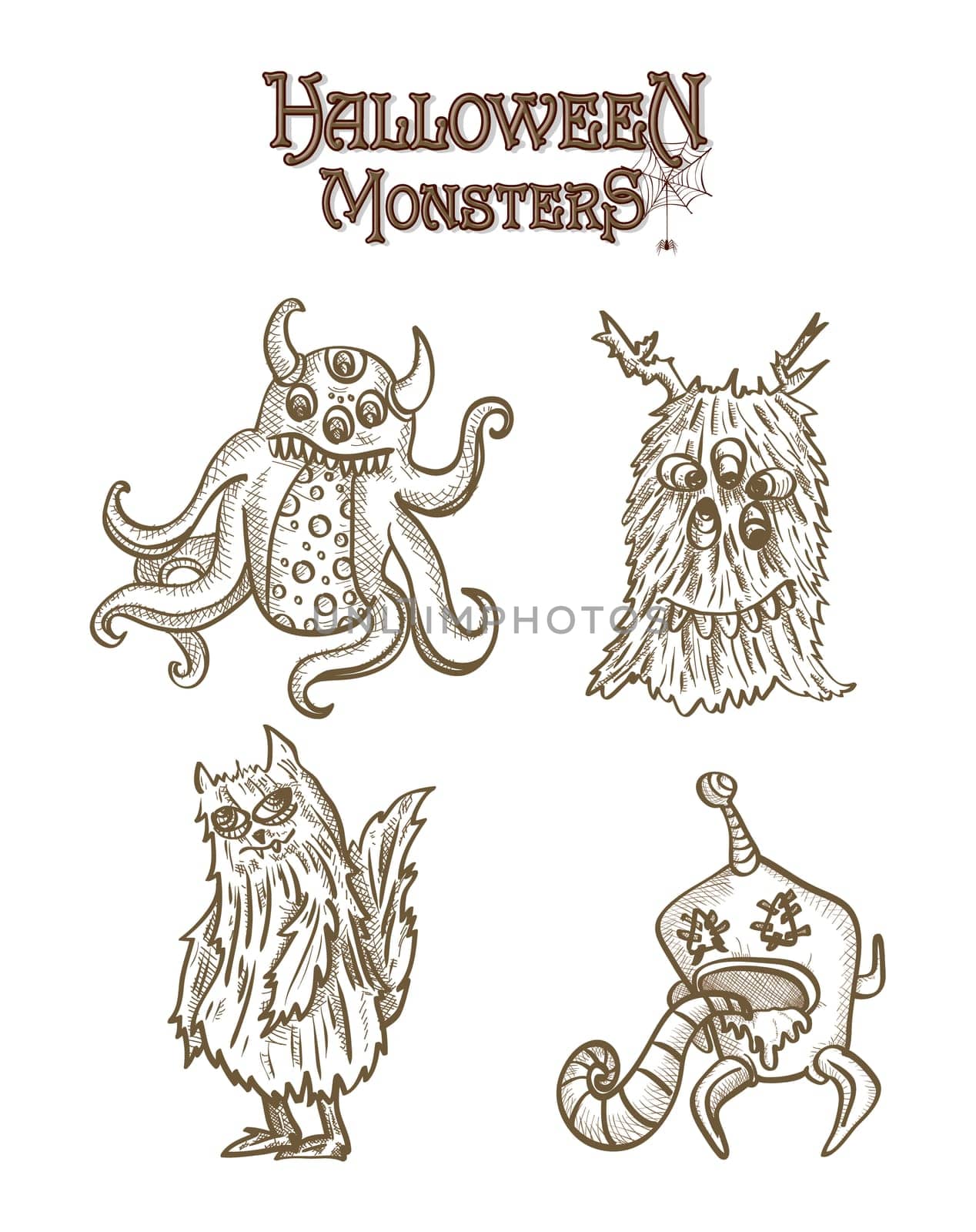Halloween Monsters spooky hand drawn creatures set. EPS10 Vector file organized in layers for easy editing.