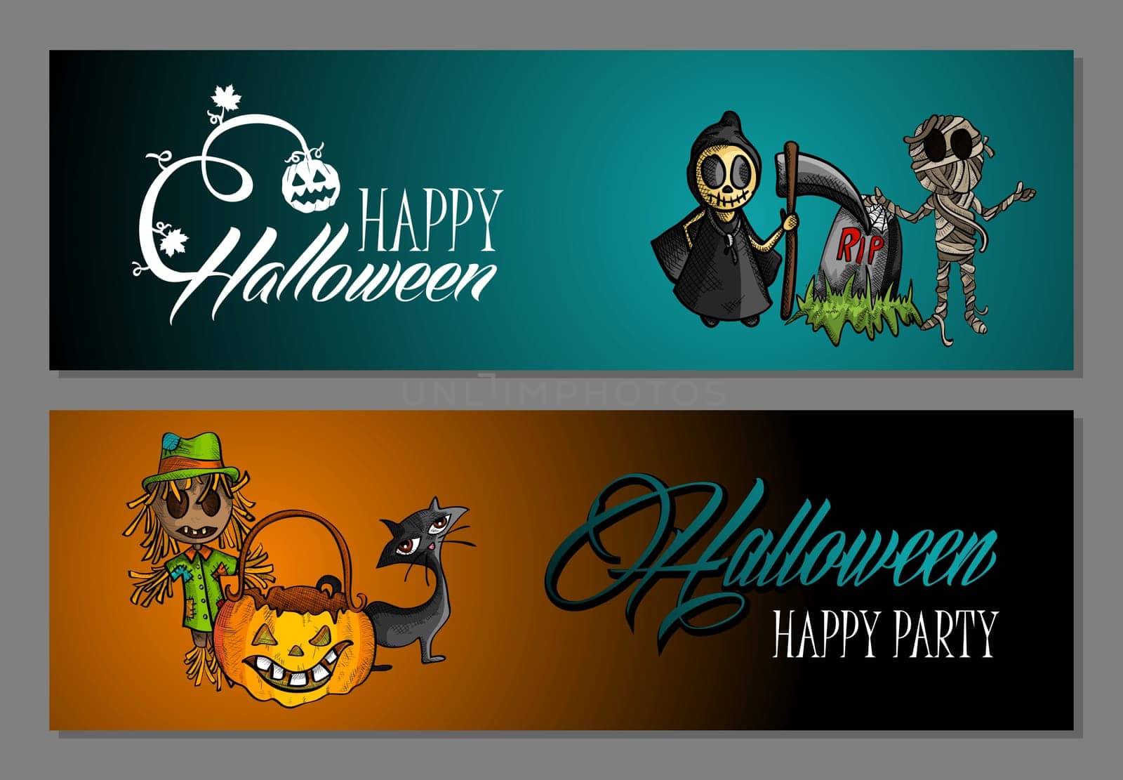 Halloween monsters Happy party web banners set. EPS10 Vector file organized in layers for easy editing.