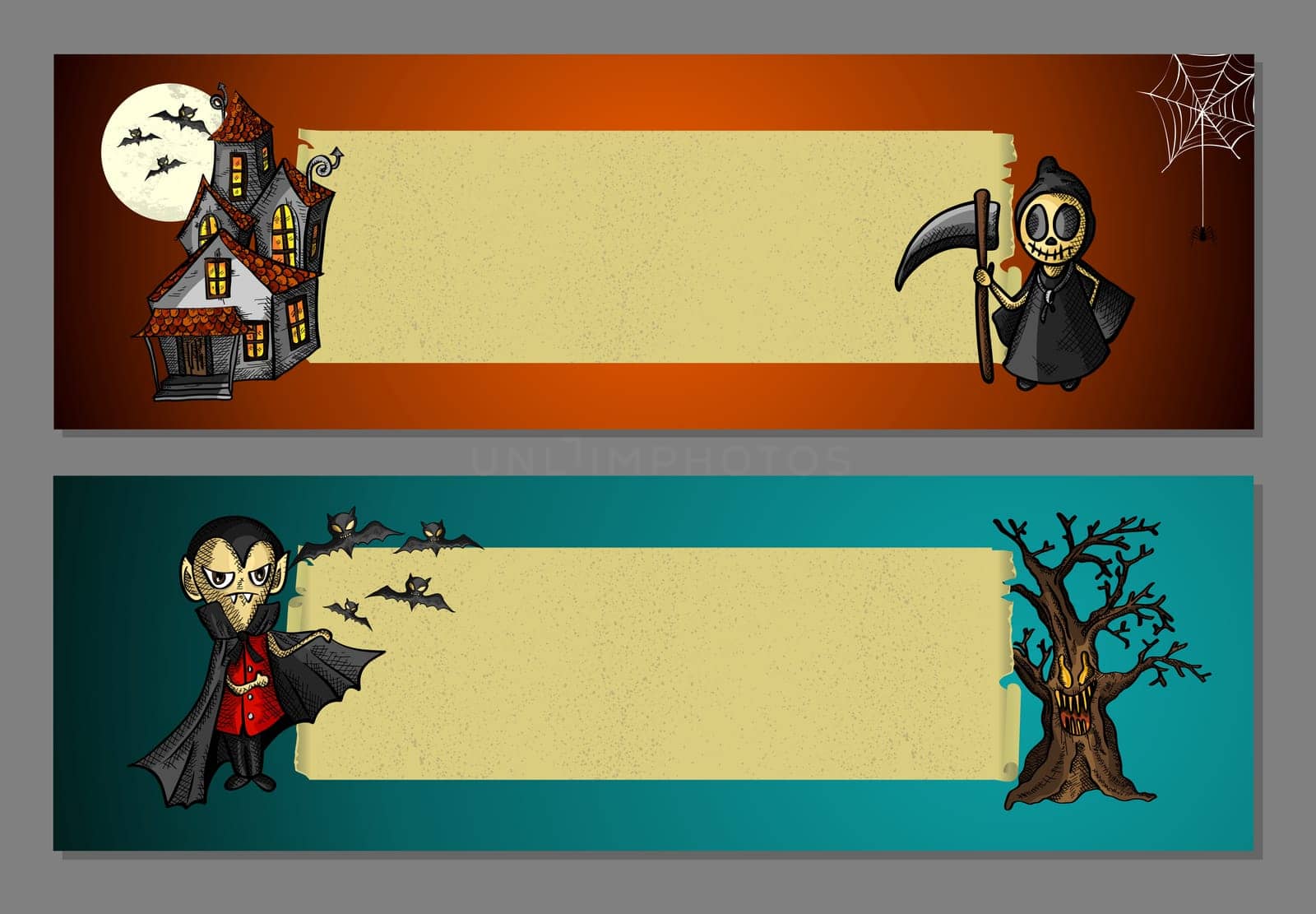 Halloween monsters and typical elements blank space web banners set. EPS10 Vector file organized in layers for easy editing.