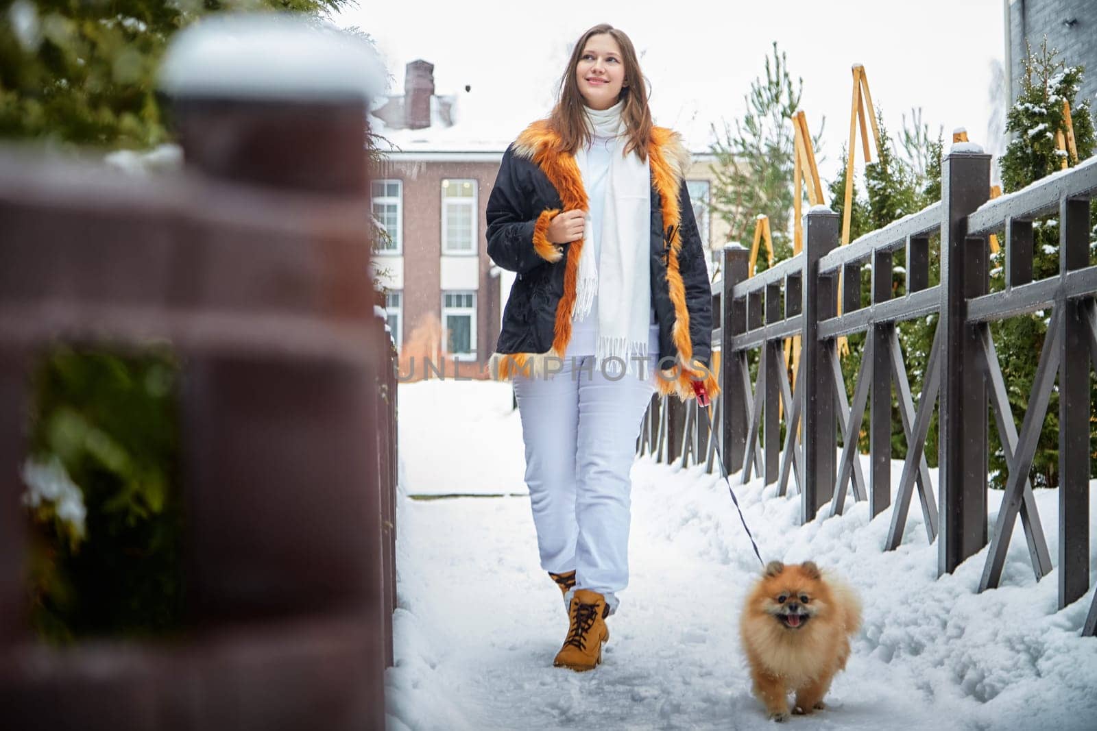 A girl walks her fluffy Pomeranian dog along a snowy path, enjoying the crisp winter air and scenic surroundings.