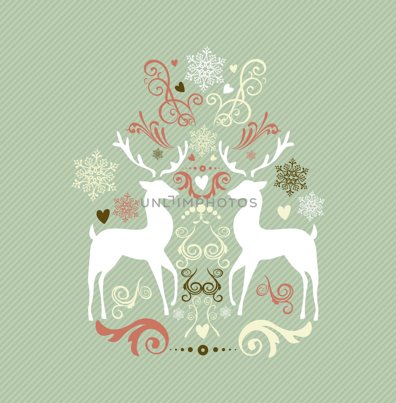 Retro Merry Christmas illustration with reindeers and winter elements composition. EPS10 vector file organized in layers for easy editing.