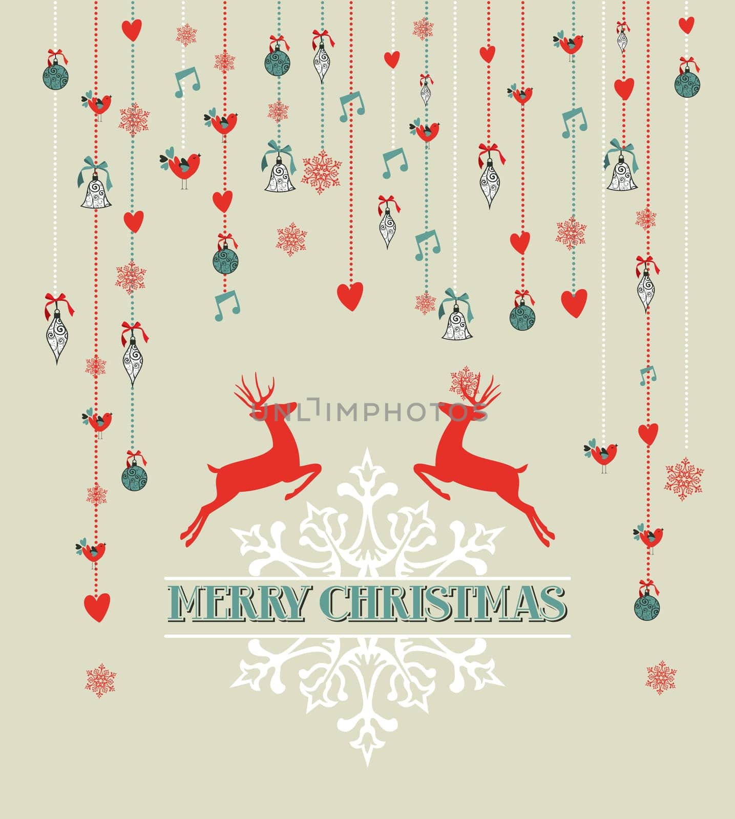 Merry Christmas text with reindeer, snowflakes, hanging baubles and heart shapes background. EPS10 vector file organized in layers for easy editing.