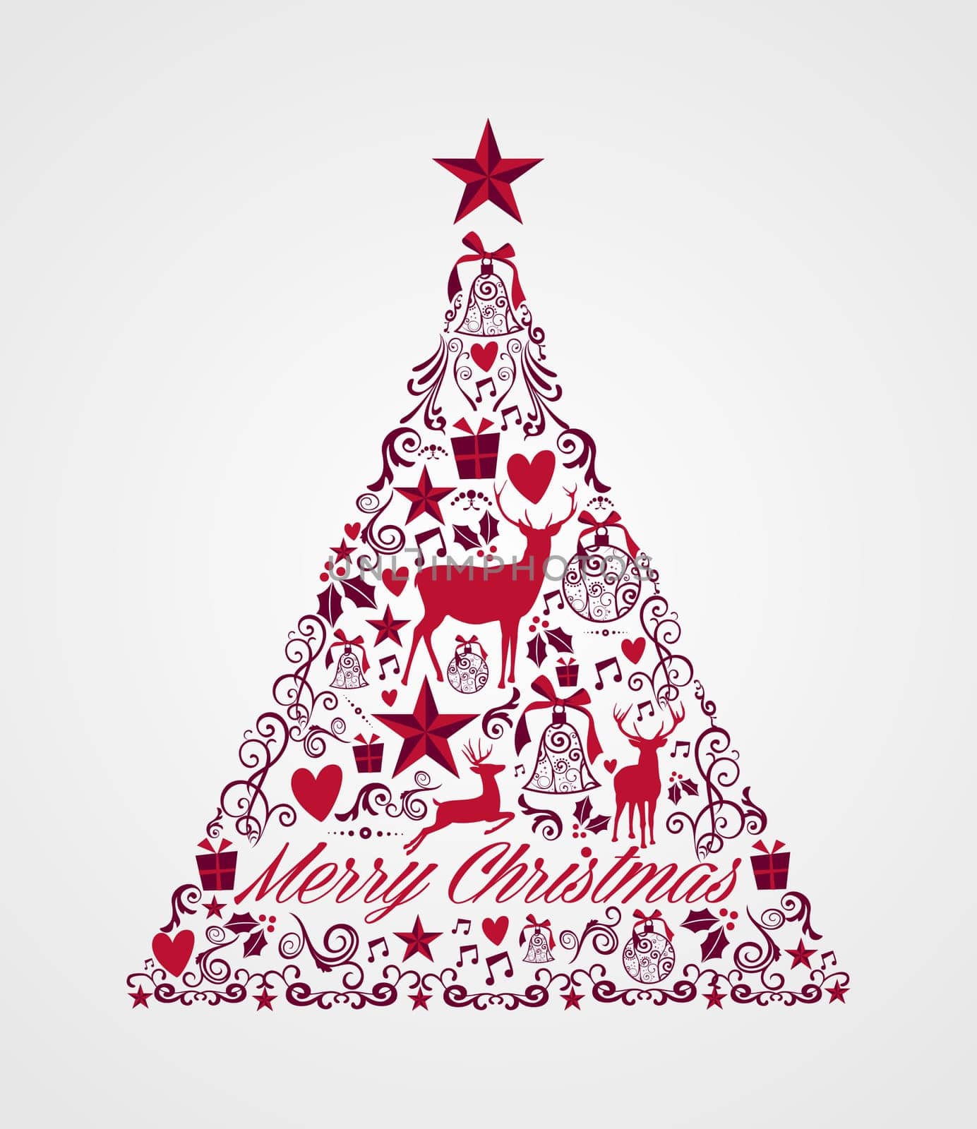 Merry Christmas tree shape with red reindeers and winter elements composition. EPS10 vector file organized in layers for easy editing.