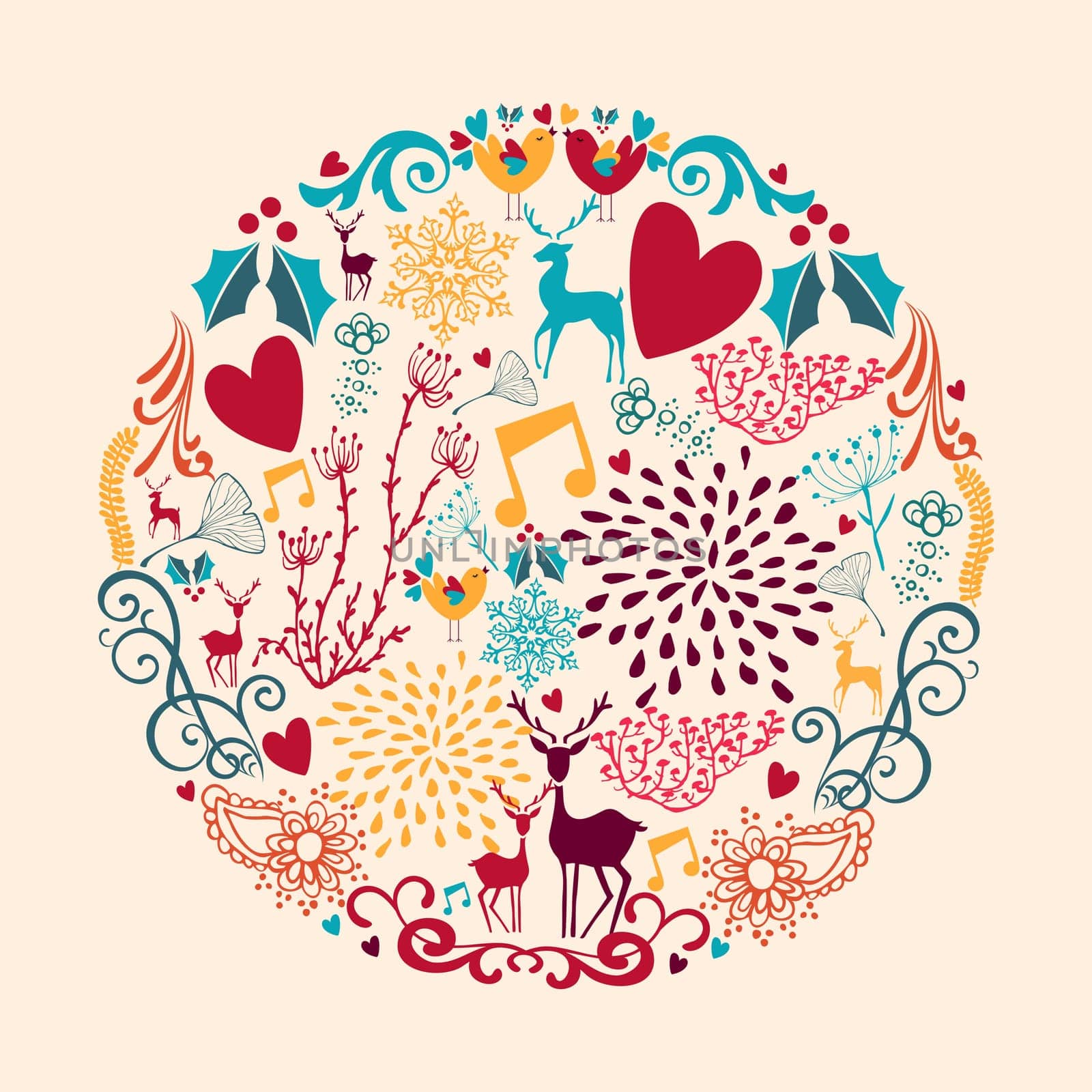 Colorful Merry Christmas circle shape with reindeers and love elements composition. EPS10 vector file organized in layers for easy editing..