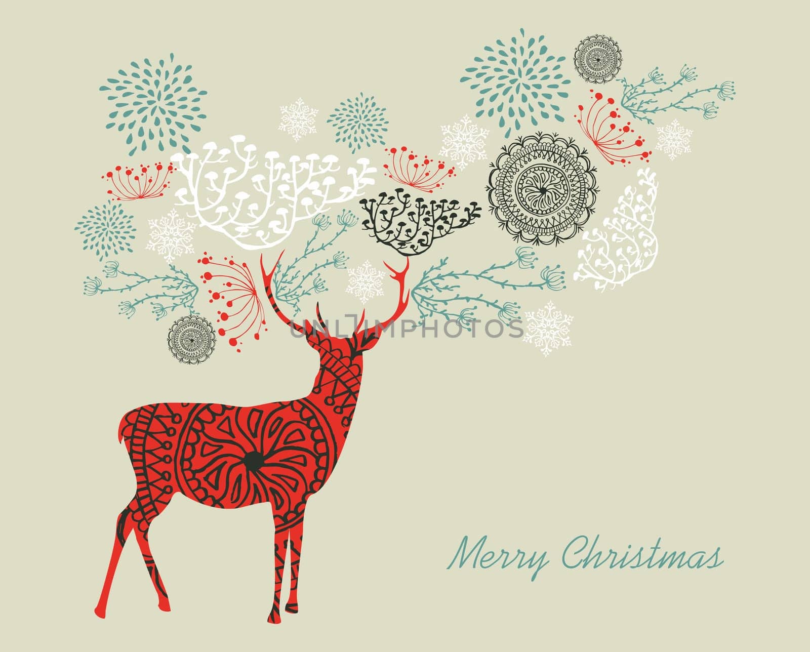 Merry Christmas text with reindeers and vintage elements composition. EPS10 vector file organized in layers for easy editing.