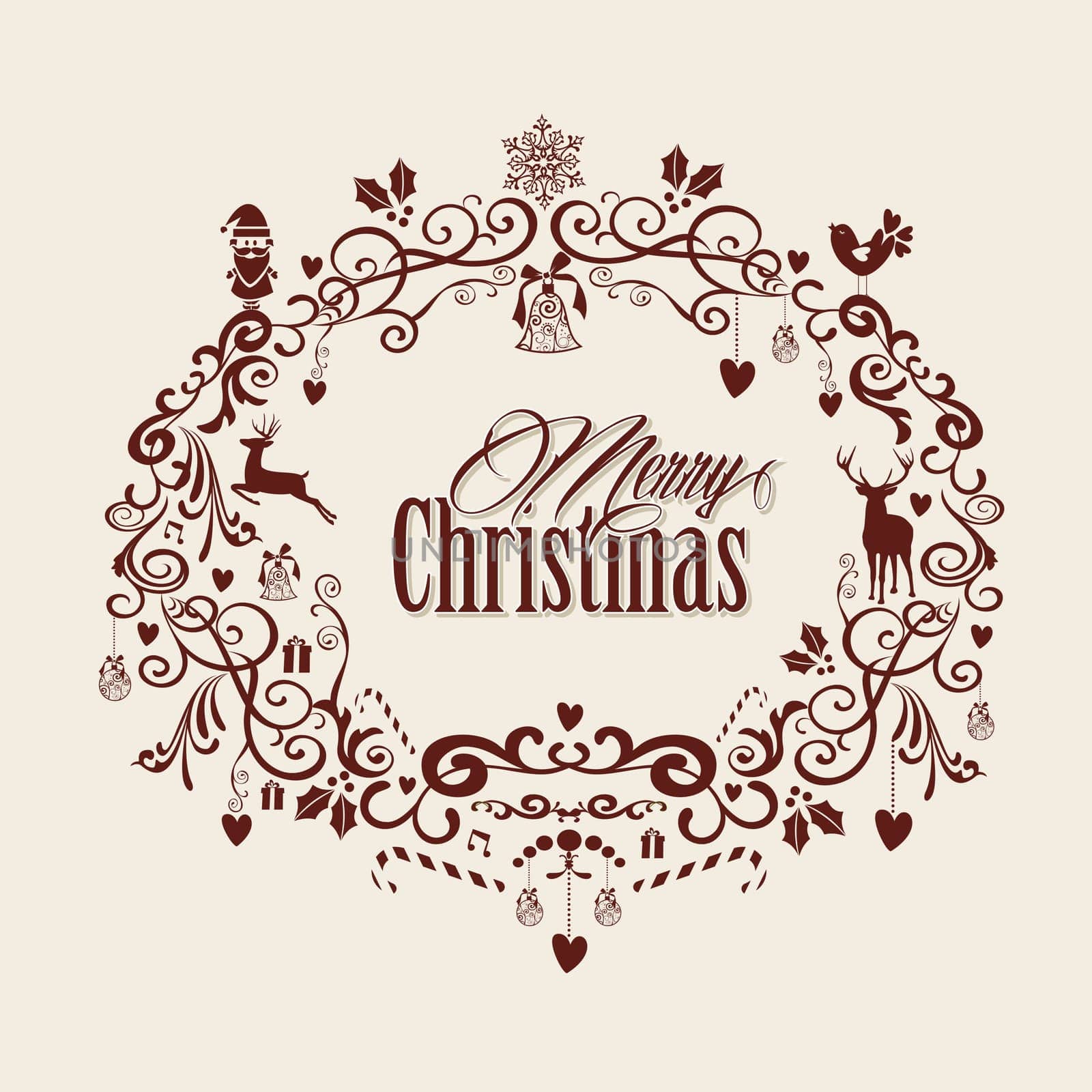Retro Merry Christmas text inside mistletoe decoration composition. EPS10 vector file organized in layers for easy editing