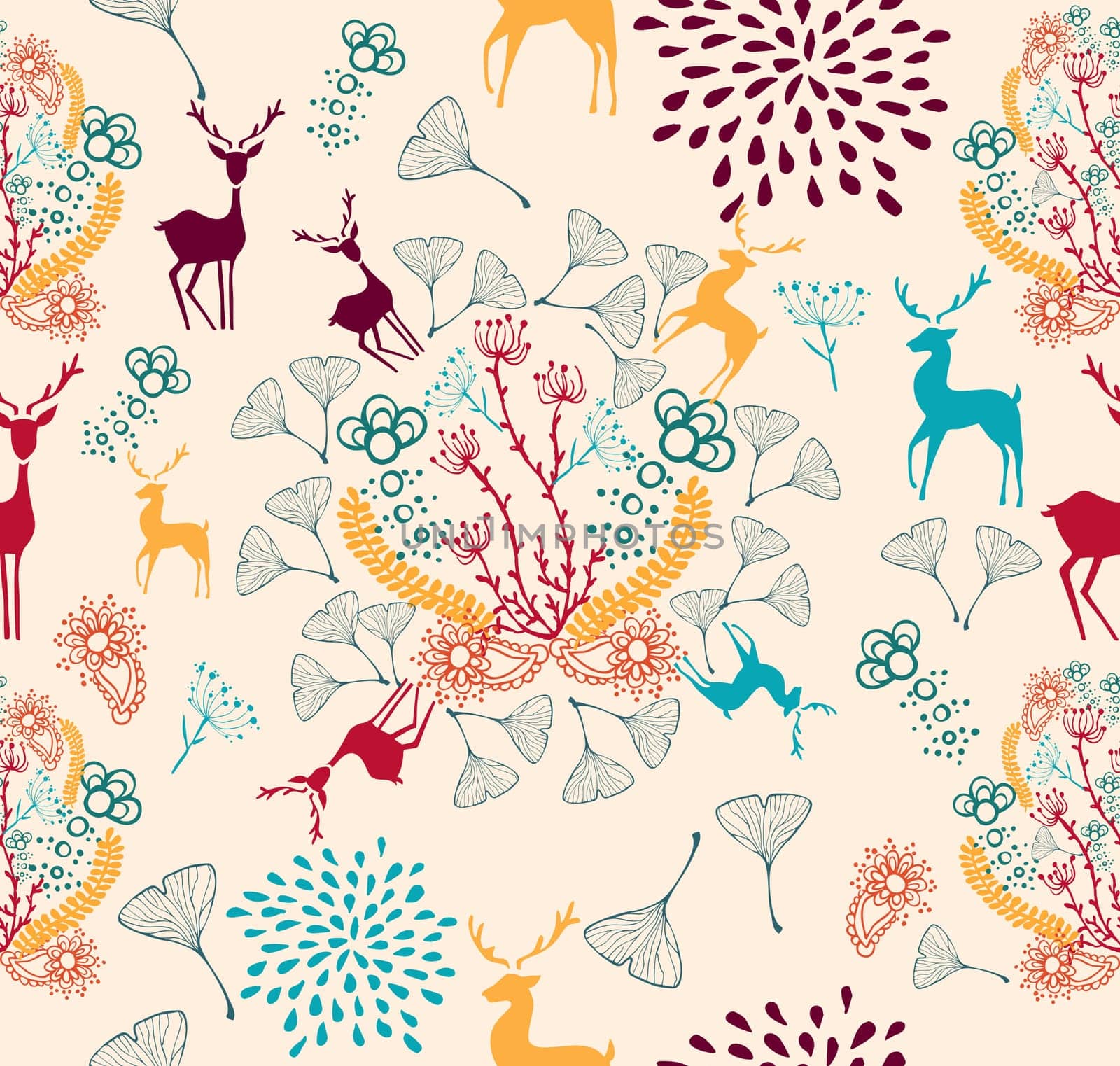 Vintage Christmas elements, reindeer and snowflakes seamless pattern background. EPS10 vector file organized in layers for easy editing.