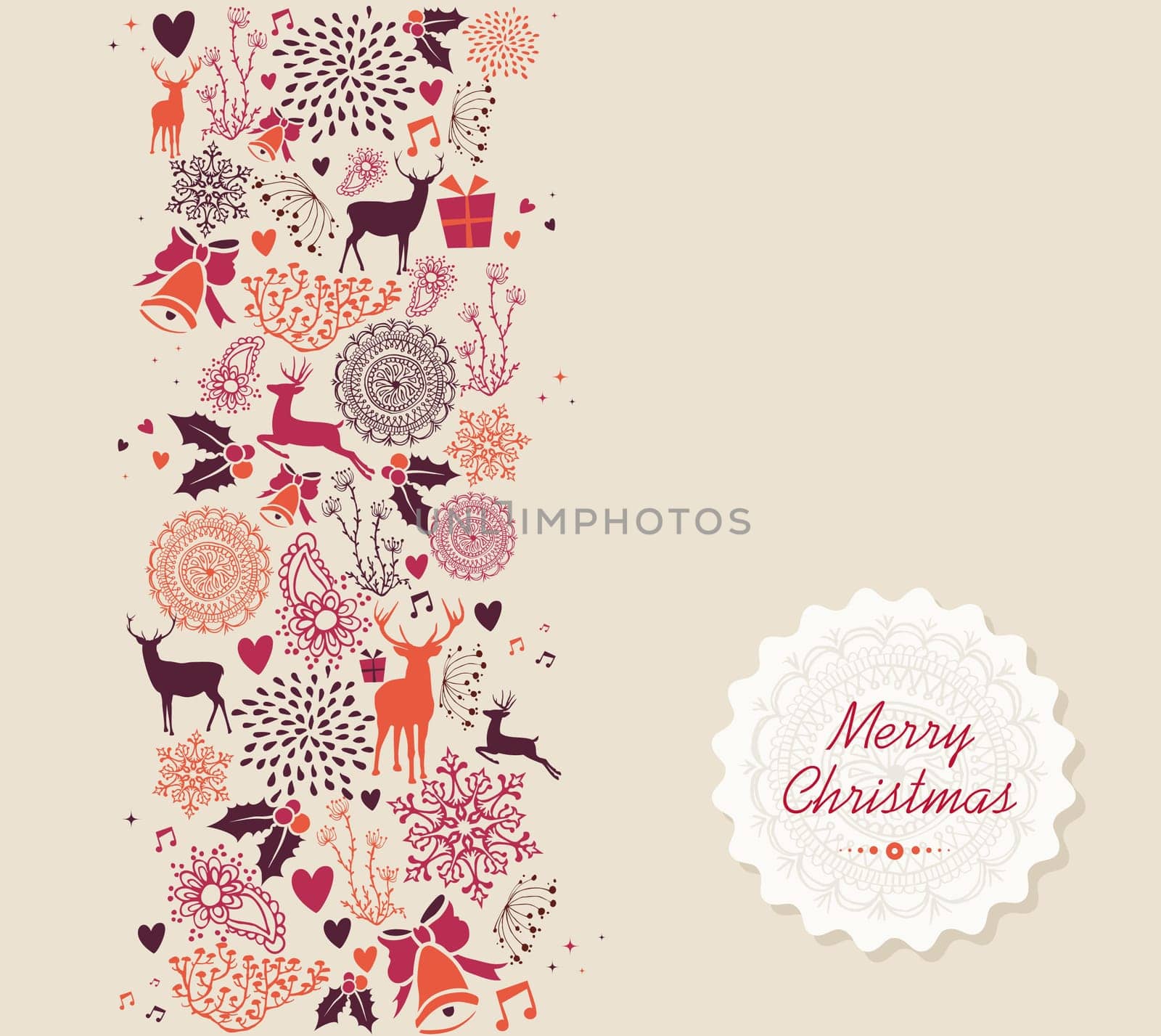 Vintage Merry Christmas text, reindeer and circle elements background. EPS10 vector file organized in layers for easy editing..