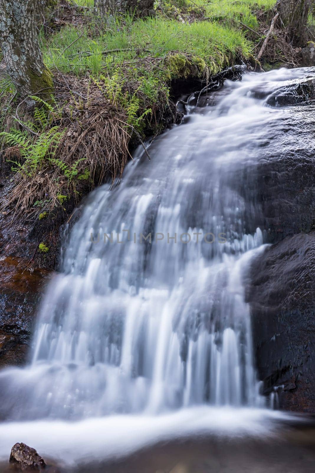 Cascades on a mountain river with a silky effect on the water that conveys a sense of relaxation.
