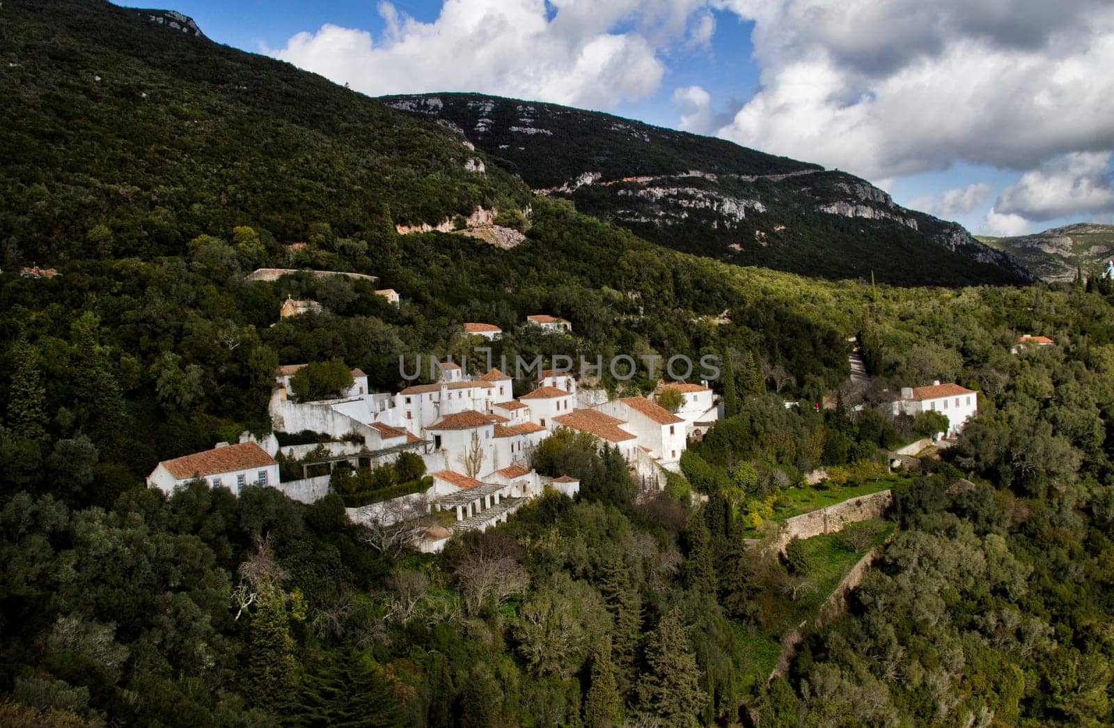 Beautiful landscape view of the National Park Arrabida in Portugal, on the center there's the Convent of Nossa Senhora da Arrabida.