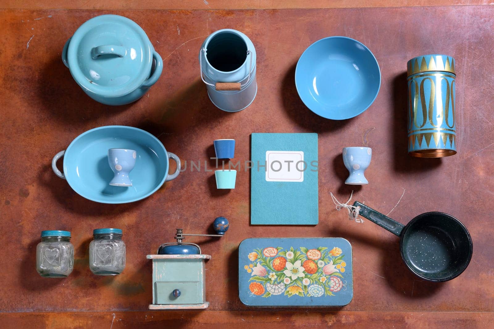 Turquoise vintage kitchen tools aerial view