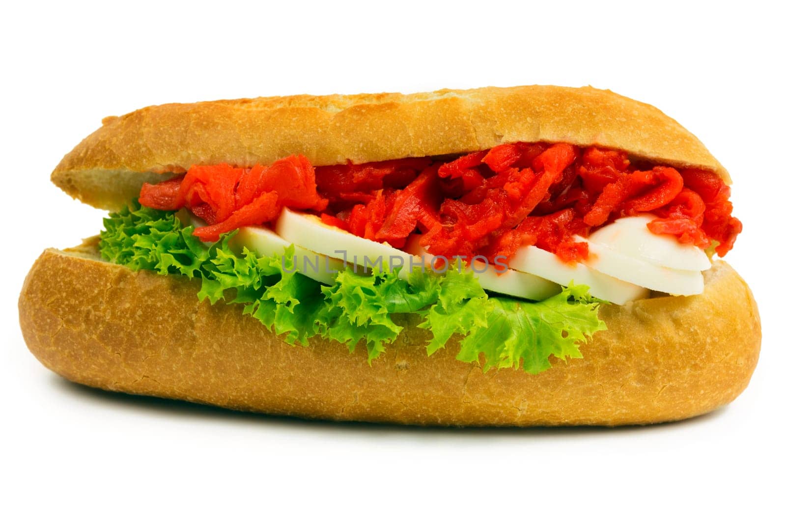 Baguette with salmon,snack isolated against a white background