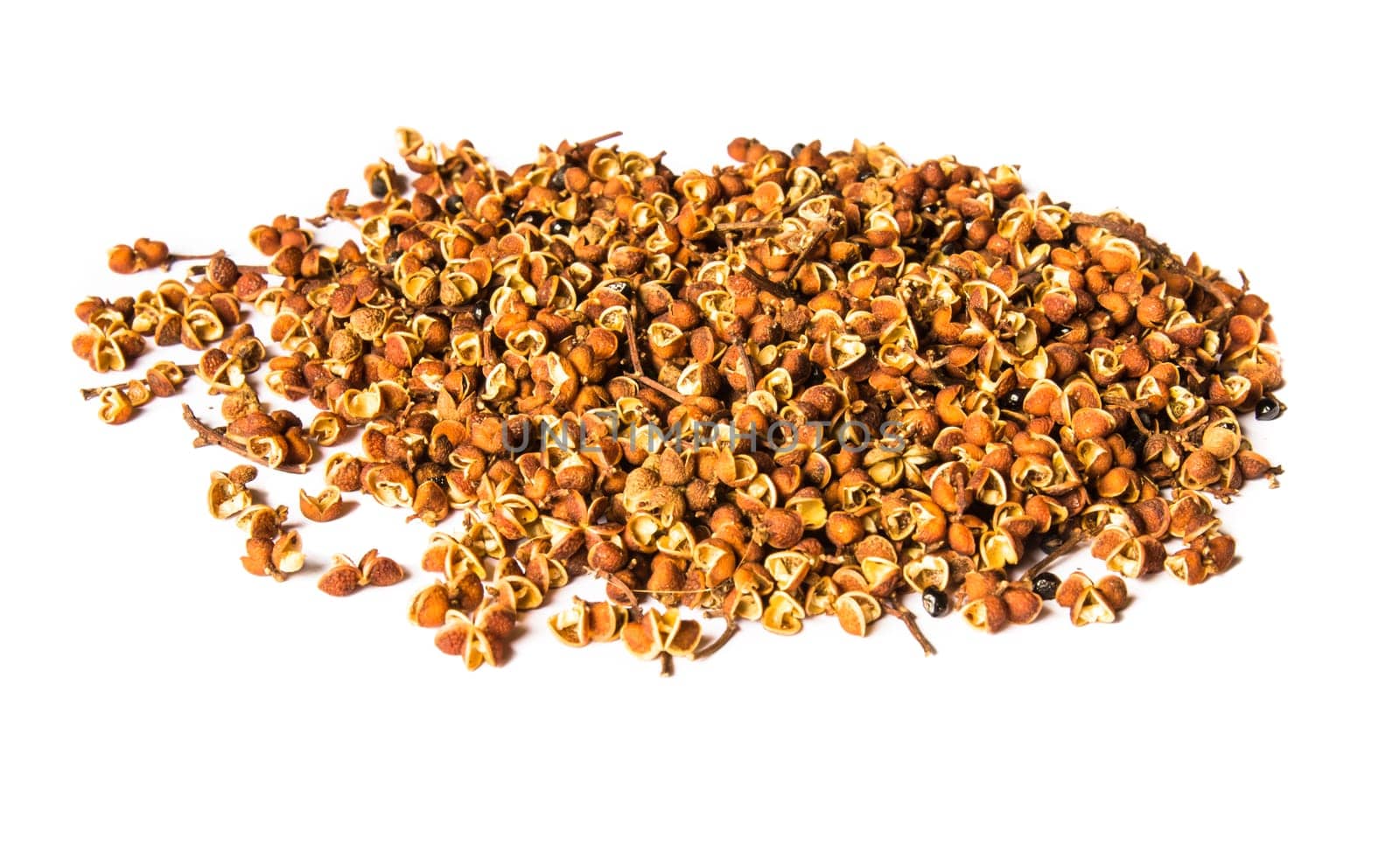 Sichuan pepper, Szechwan pepper or Szechuan pepper, a common spice used in Asian cuisine,on a white background