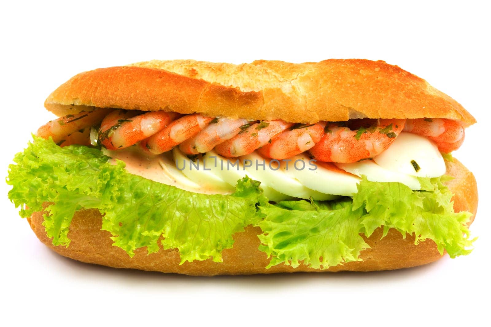 Baguette with shrimp,fast food decorated with salad and egg