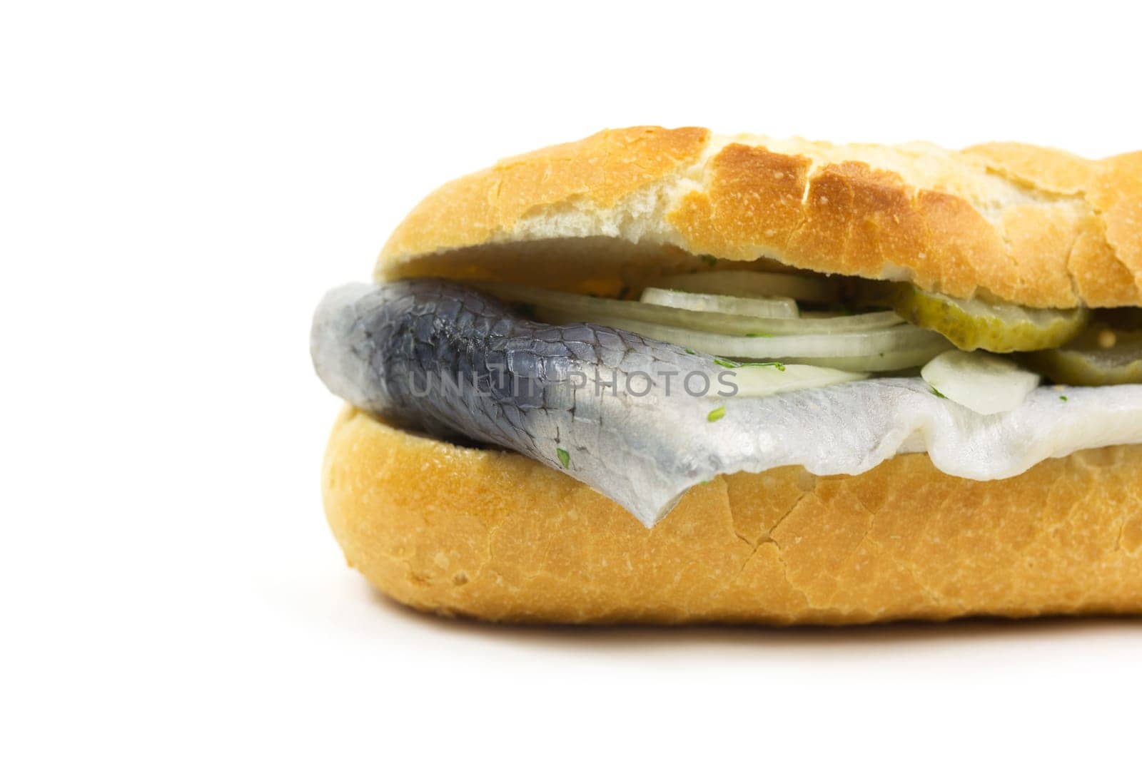 Baguette with fish,fast food isolated on a white background