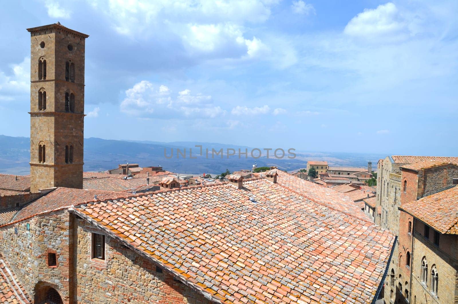Picturesque view on historic buildings of Volterra in Tuscany, Italy