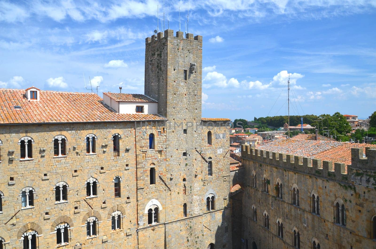 Picturesque view on historic buildings of Volterra in Tuscany, Italy