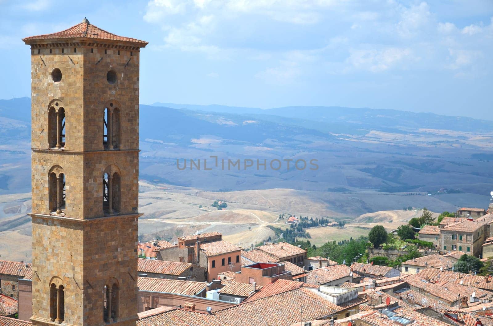 Picturesque view on historic buildings of Volterra in Tuscany, Italy