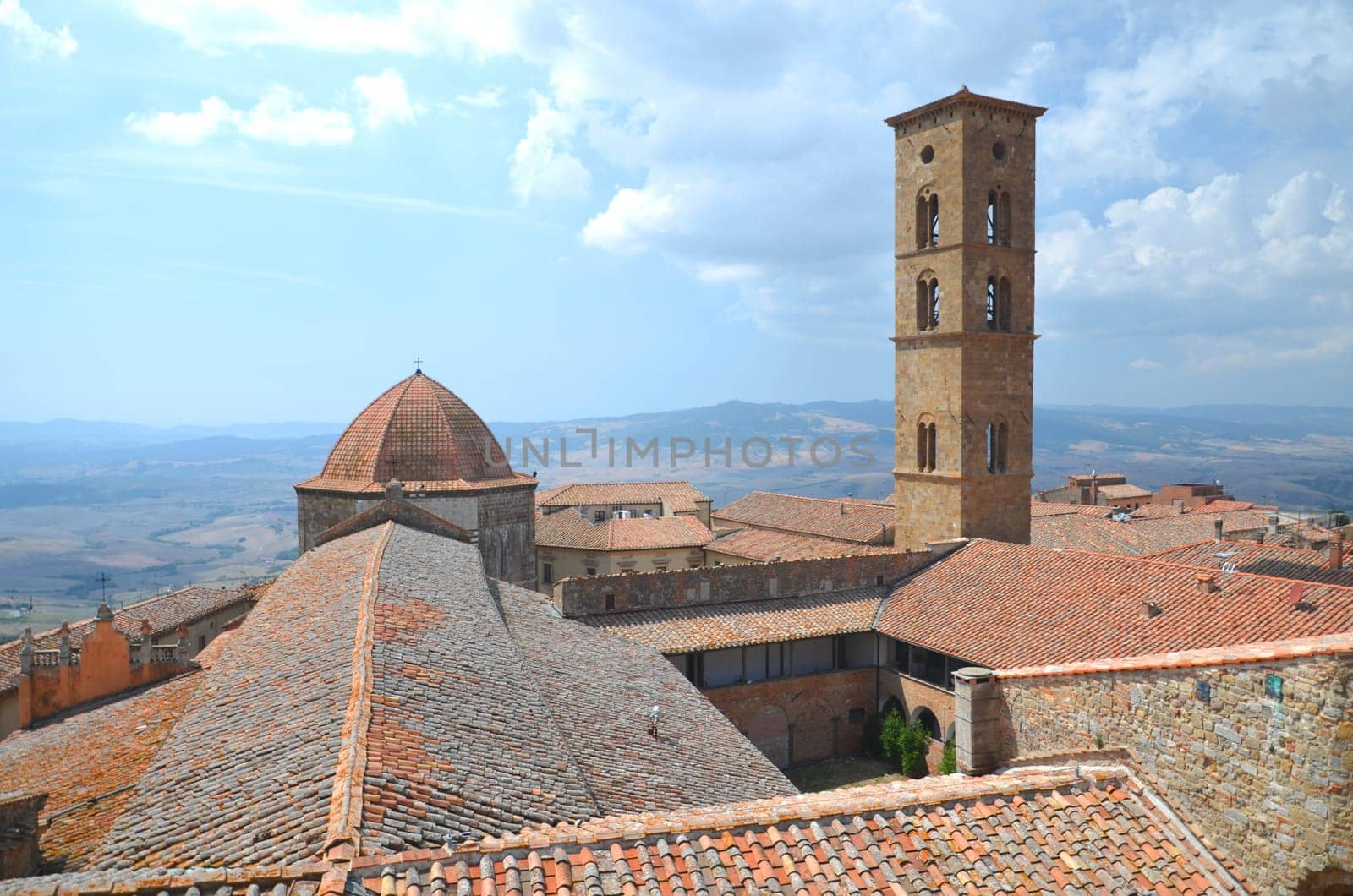 Picturesque view on historic buildings of Volterra in Tuscany, Italy