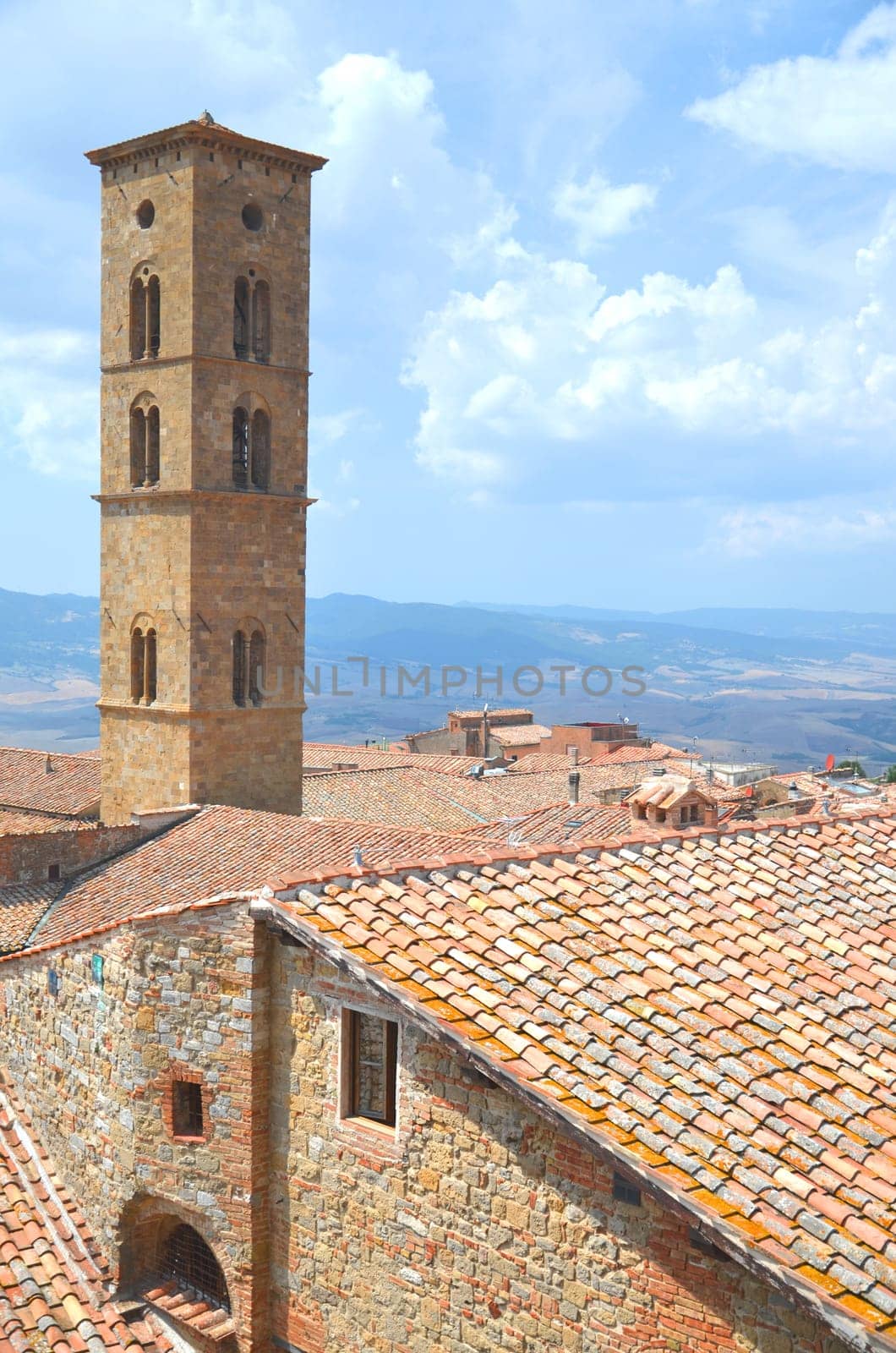 Picturesque view on historic buildings of Volterra in Tuscany, Italy