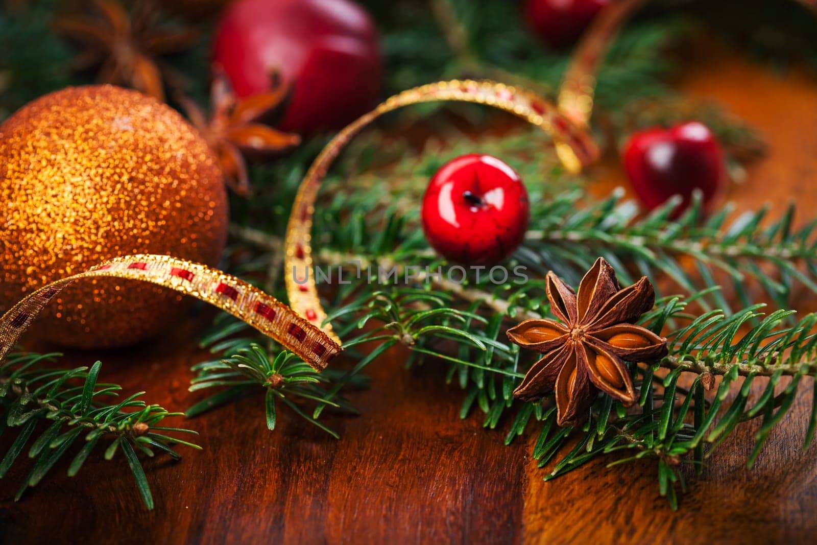 Traditional Christmas decoration with apples and balls