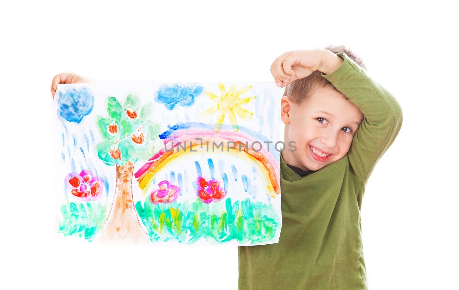 Happy boy showing his painting