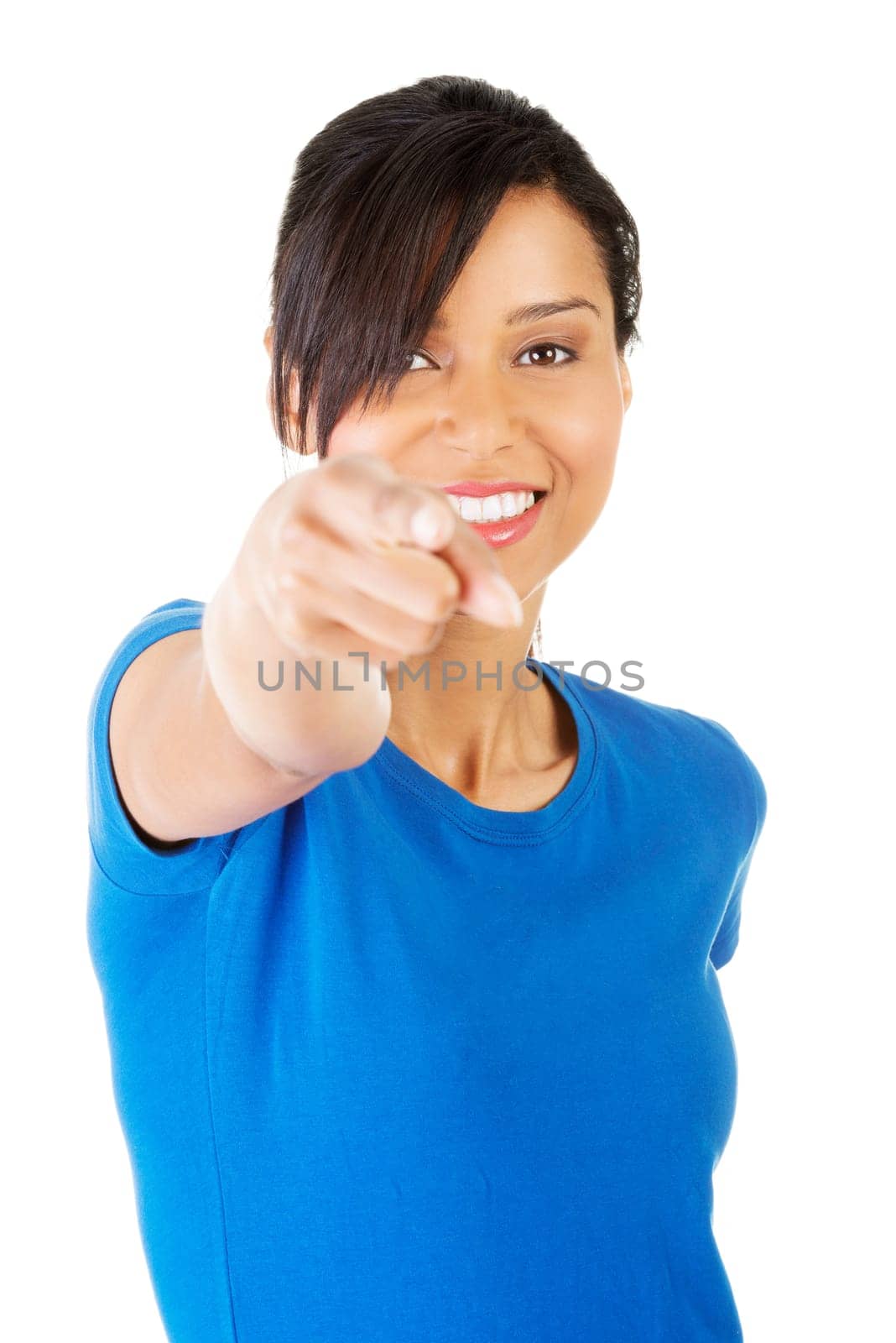 Young beautiful woman pointing on you ,isolated on white