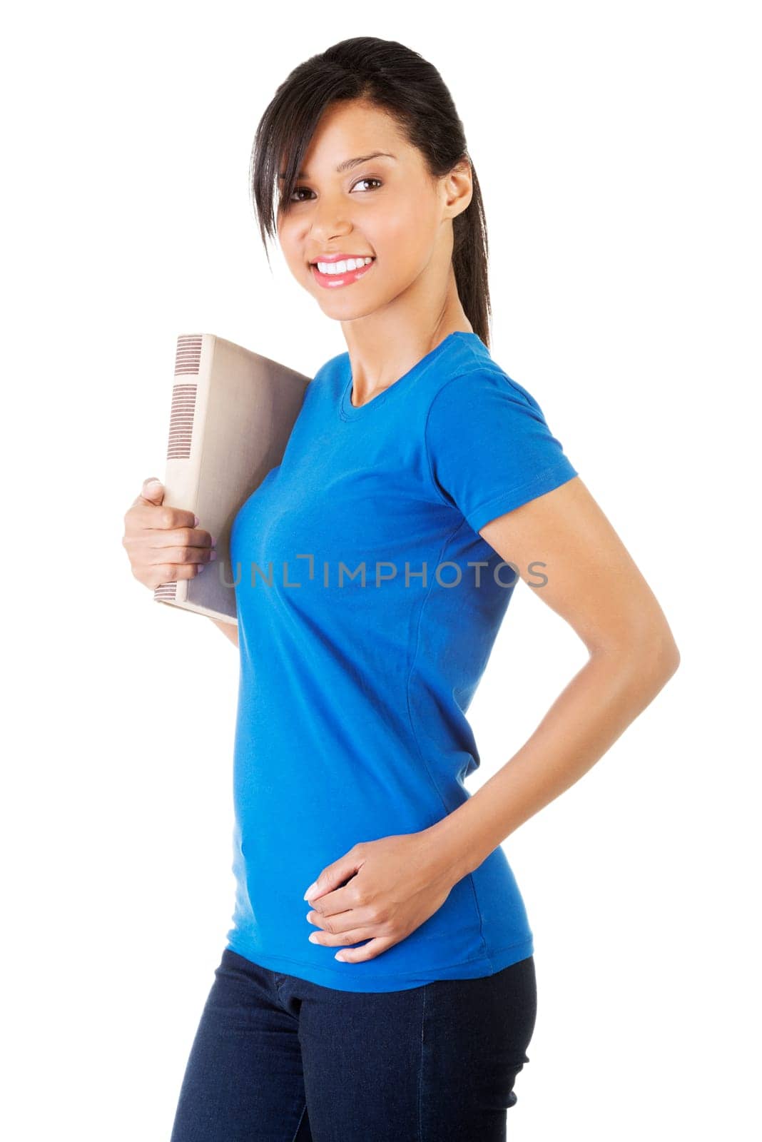 Happy smiling young student woman with book, isolated on white background