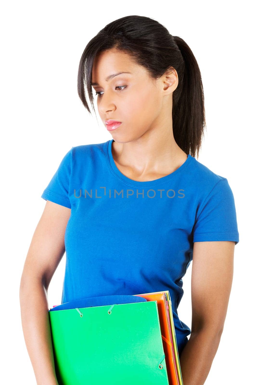 Student woman with depression, isolated on white