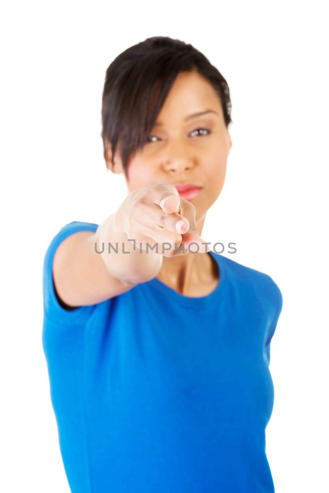 Young beautiful woman pointing on you ,isolated on white