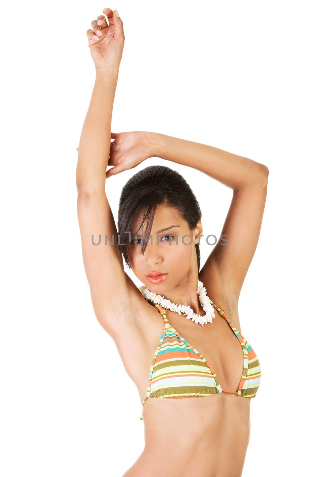 Portrait of dark skinned girl in bikini, isolated on white