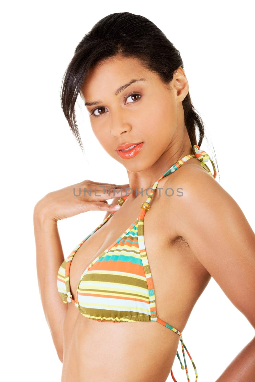 Portrait of dark skinned girl in bikini, isolated on white