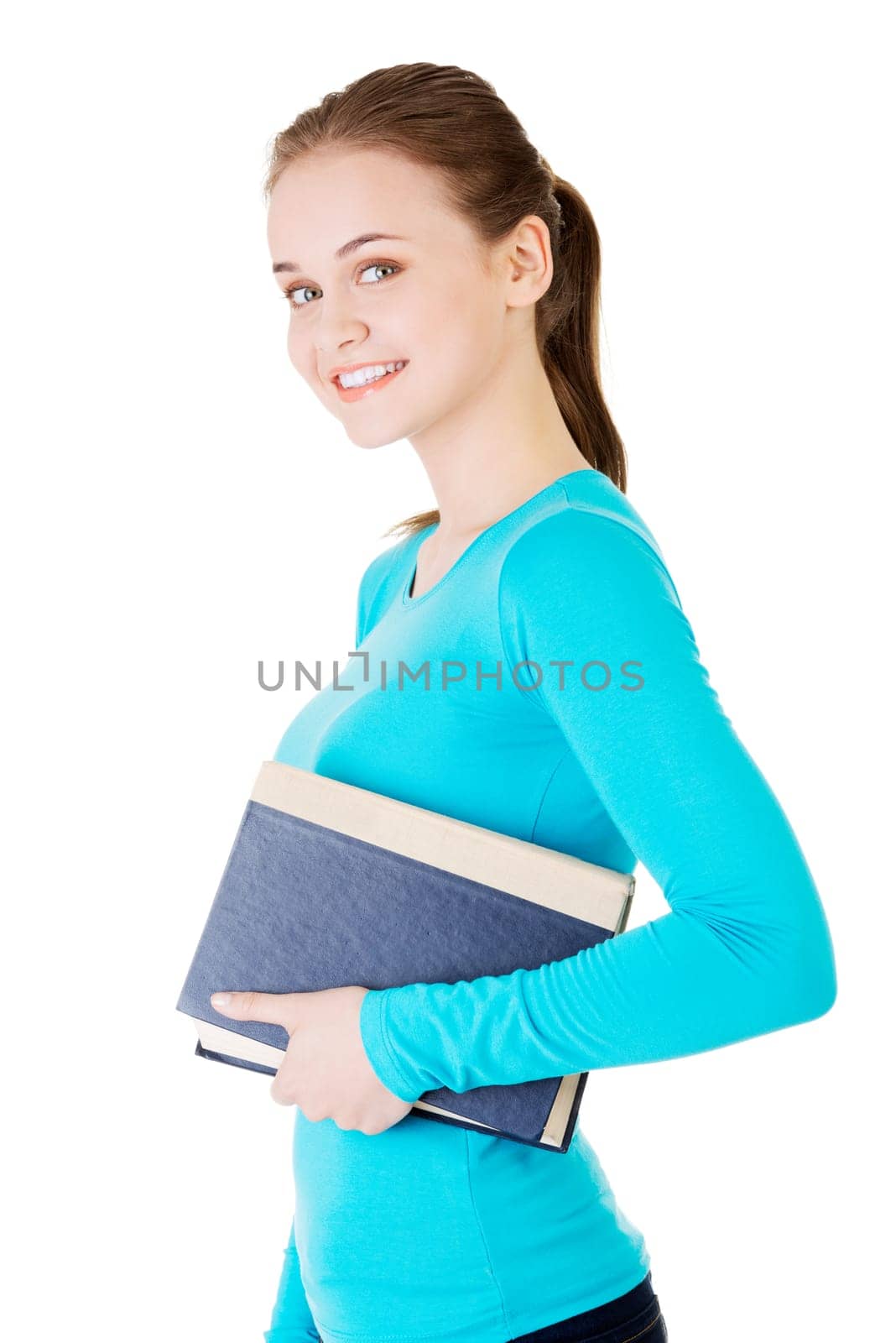 Young caucasian woman (student) with book , isolated on white