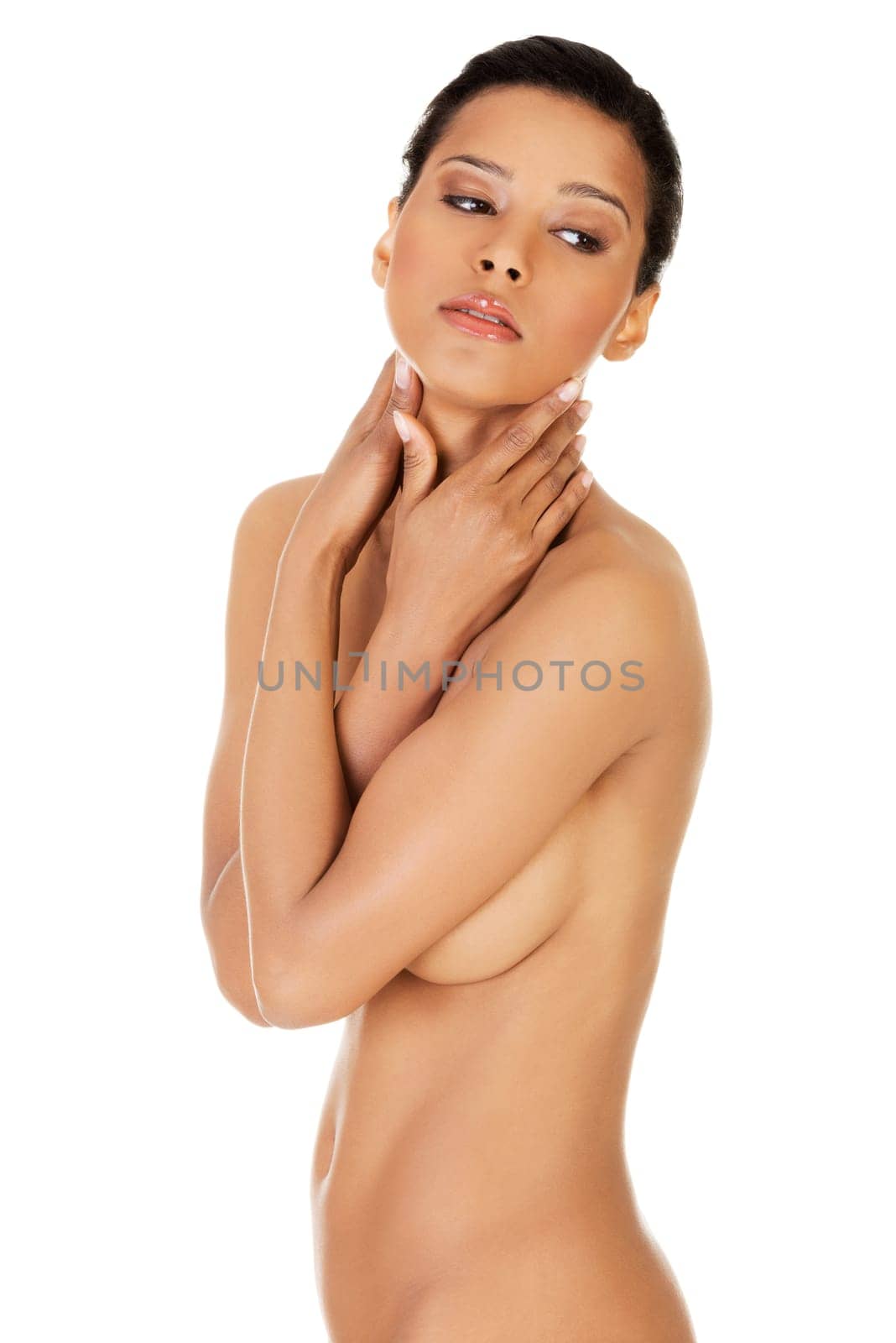 Beautiful fit topless woman, isolated on white