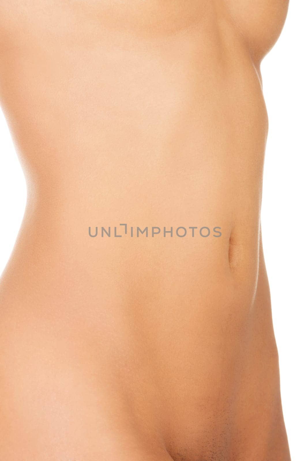 Close up of perfect nude body of young fit woman, isolated on white