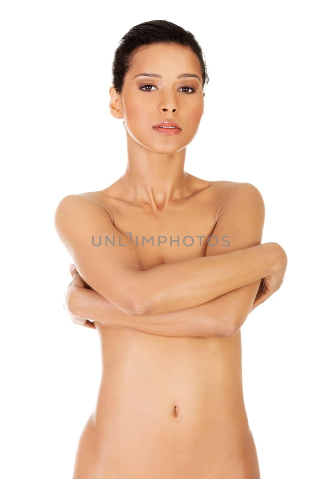 Beautiful fit topless woman, isolated on white