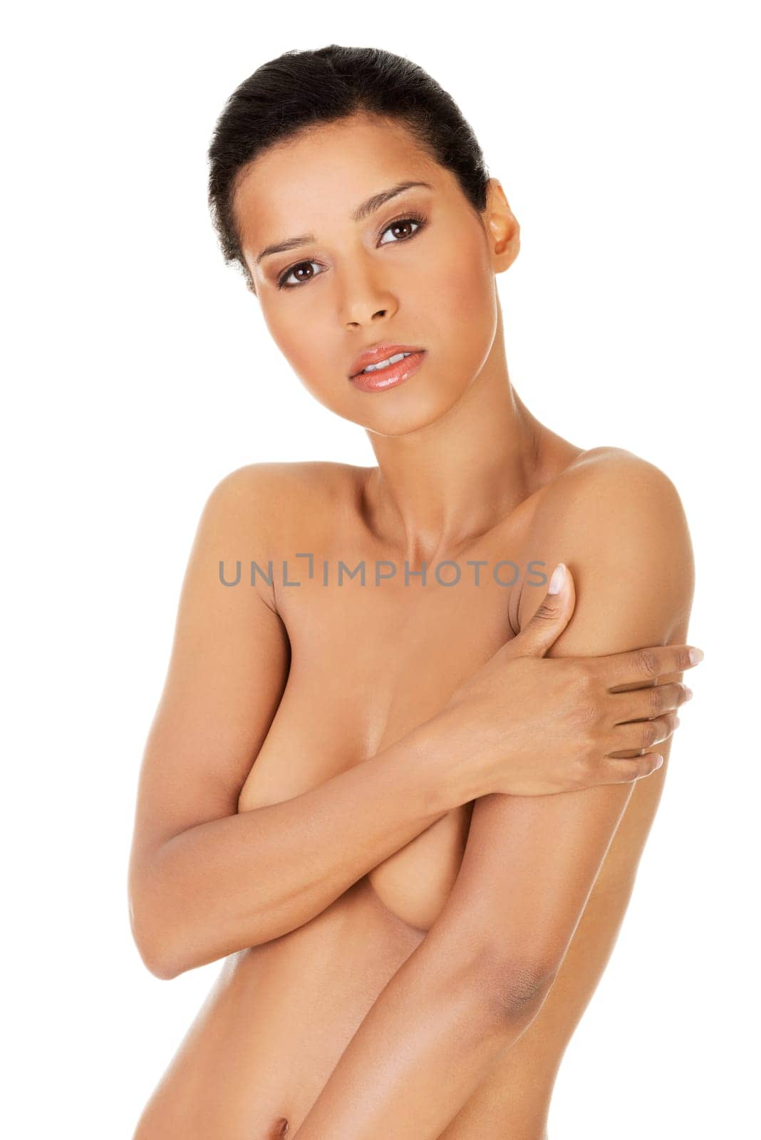 Beautiful fit topless woman, isolated on white