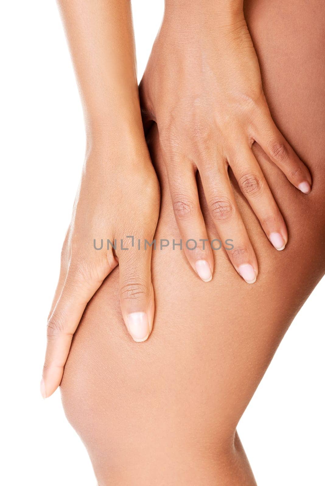 Young woman heaving leg injury isolated on white