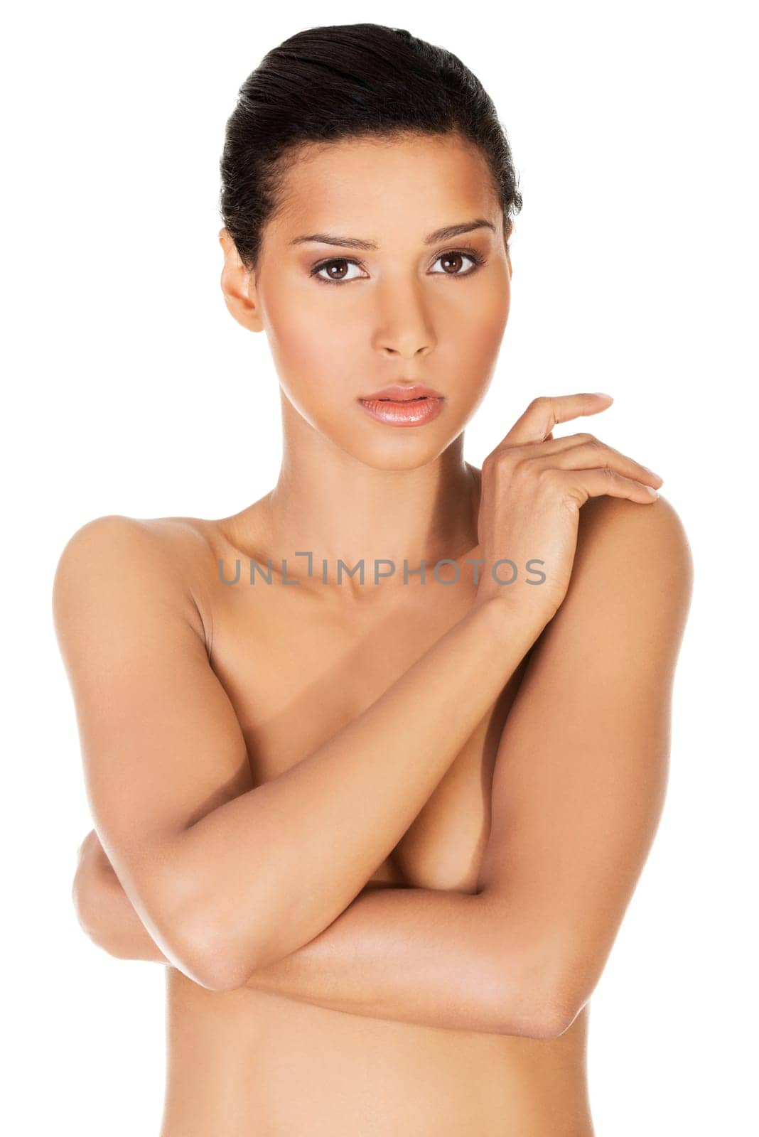 Beautiful fit topless woman, isolated on white