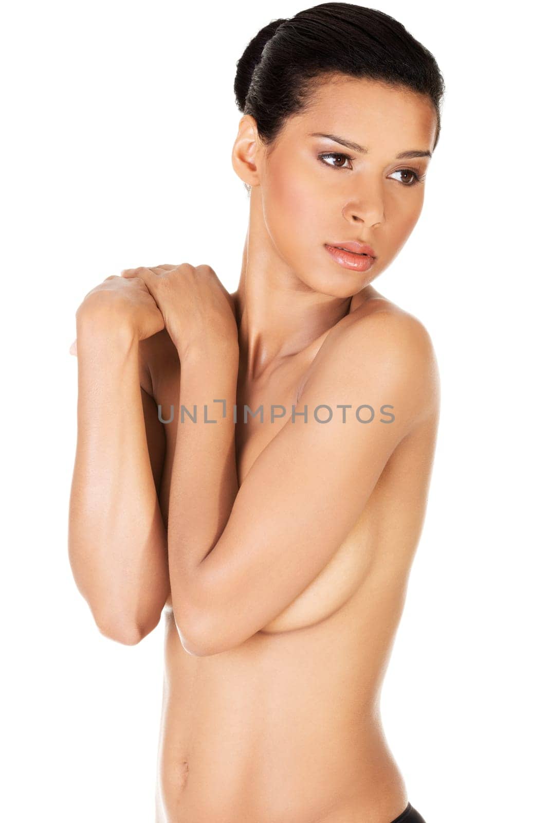 Beautiful fit topless woman, isolated on white